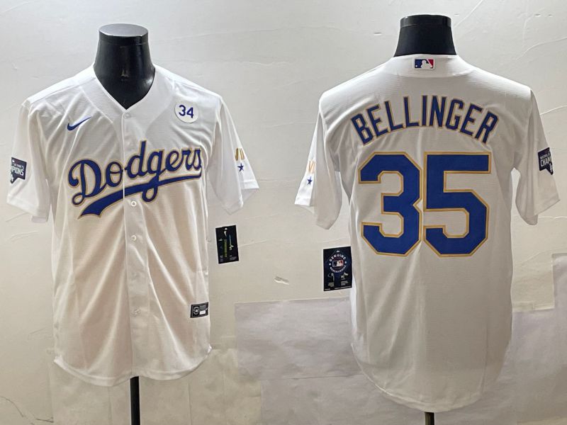 Men Los Angeles Dodgers #35 Bellinger White Gold Game 2025 Nike MLB Jersey style 8